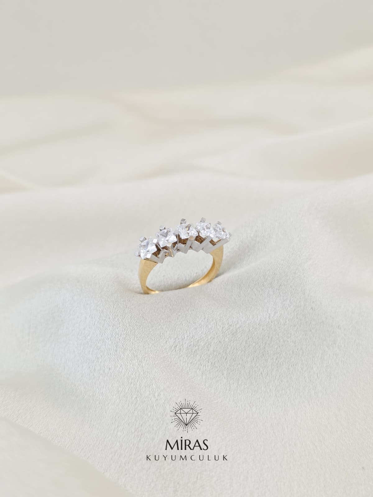 14 Ayar Altın - Çift Renkli Kare Beştaş Yüzük K14YZK94