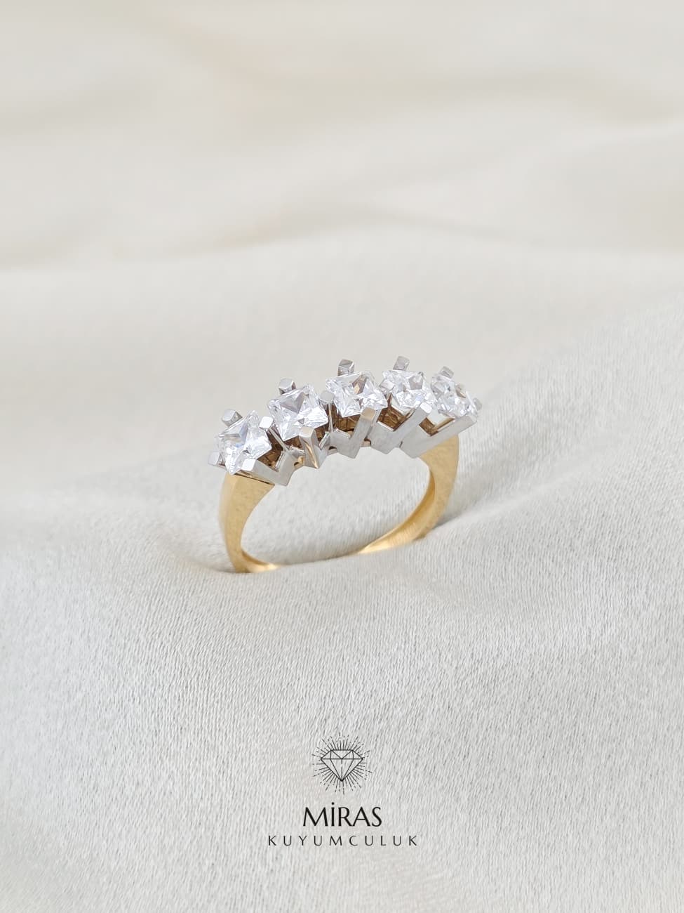 14 Ayar Altın - Çift Renkli Kare Beştaş Yüzük K14YZK94