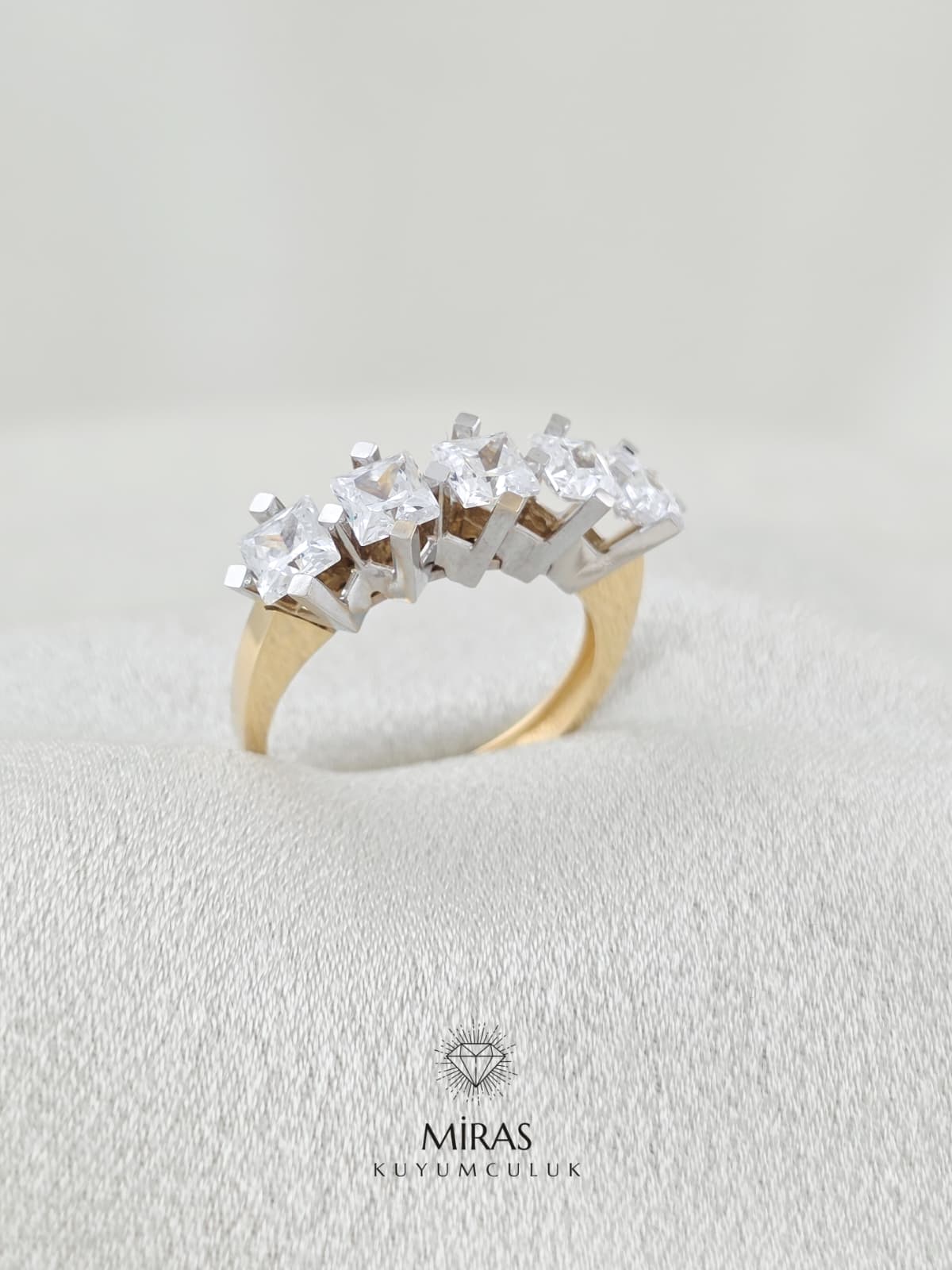 14 Ayar Altın - Çift Renkli Kare Beştaş Yüzük K14YZK94